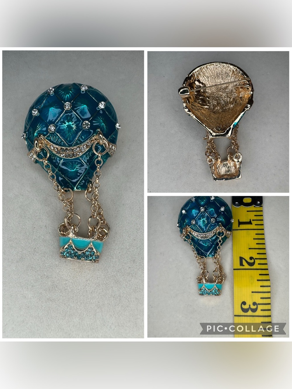 New Teal Blue Hot Air Balloon Brooch with Rhinestones